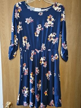 French Grey Navy Floral Fit-and-Flare Dress
